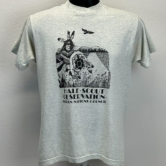 Vintage BSA Hale Scout Reservation T Shirt Mens Medium Boy Scouts Indian Gray - Picture 2 of 15